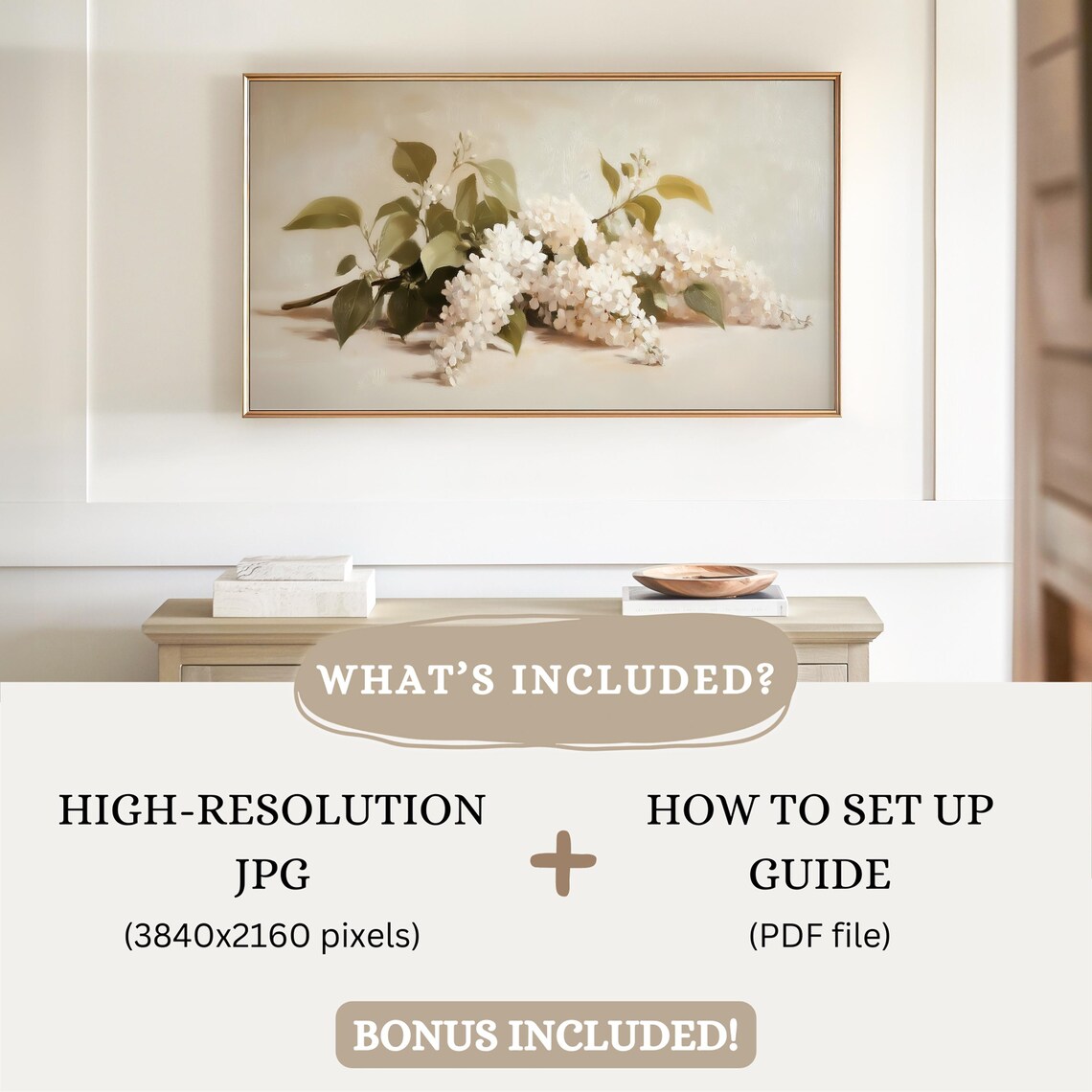 White Lilac Blossom Branch Still Life Neutral Rustic Spring Poster - Image 2
