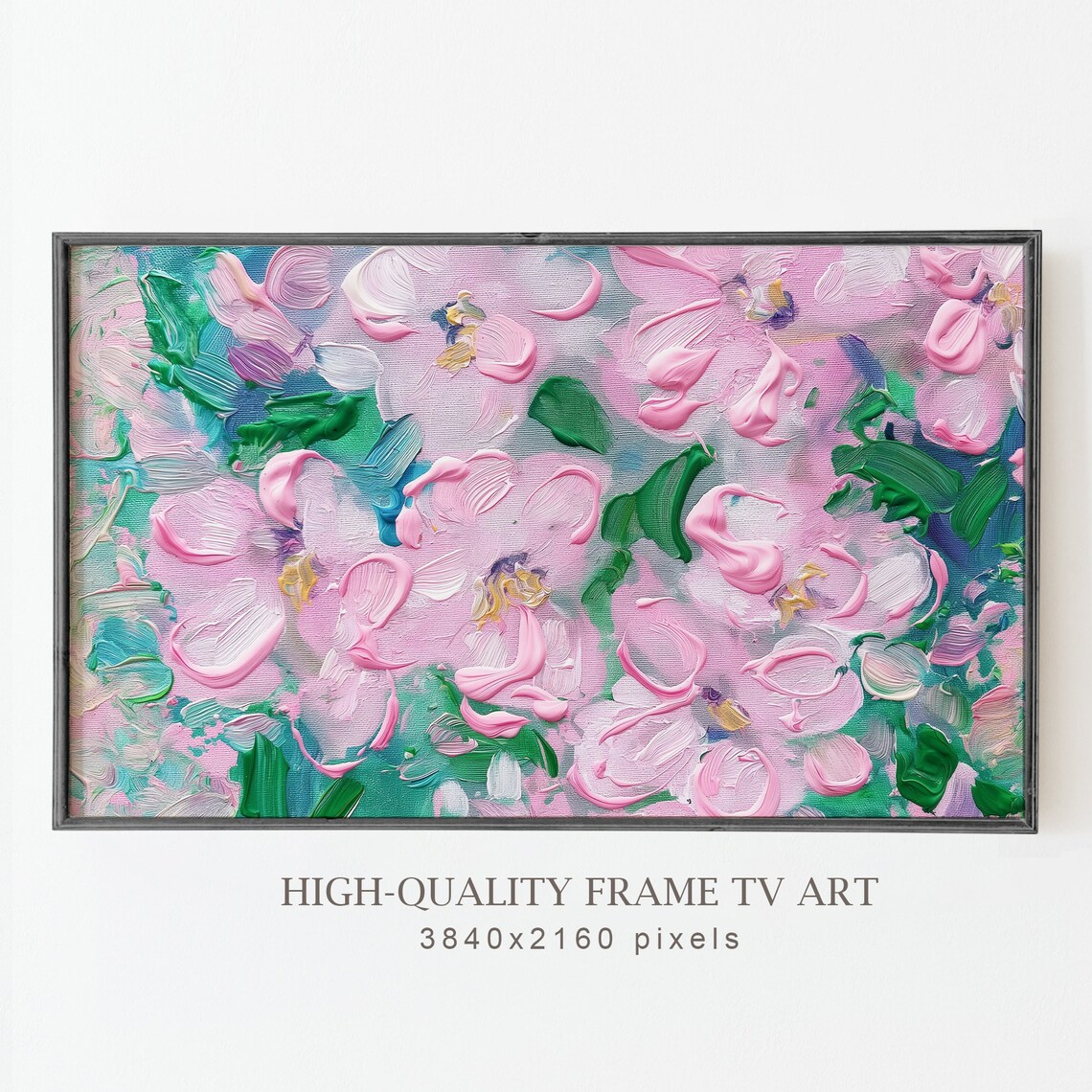 Pink Abstract Blossoms Teal Leaves Pastel Impasto Floral Oil Painting Poster - Image 5