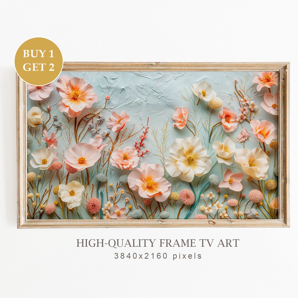 Blush Pink Cream 3D Wildflowers Mint Background Frame TV Art Print Decor