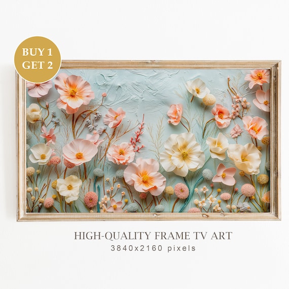 Blush Pink Cream 3D Wildflowers Mint Background Frame TV Art Print Decor
