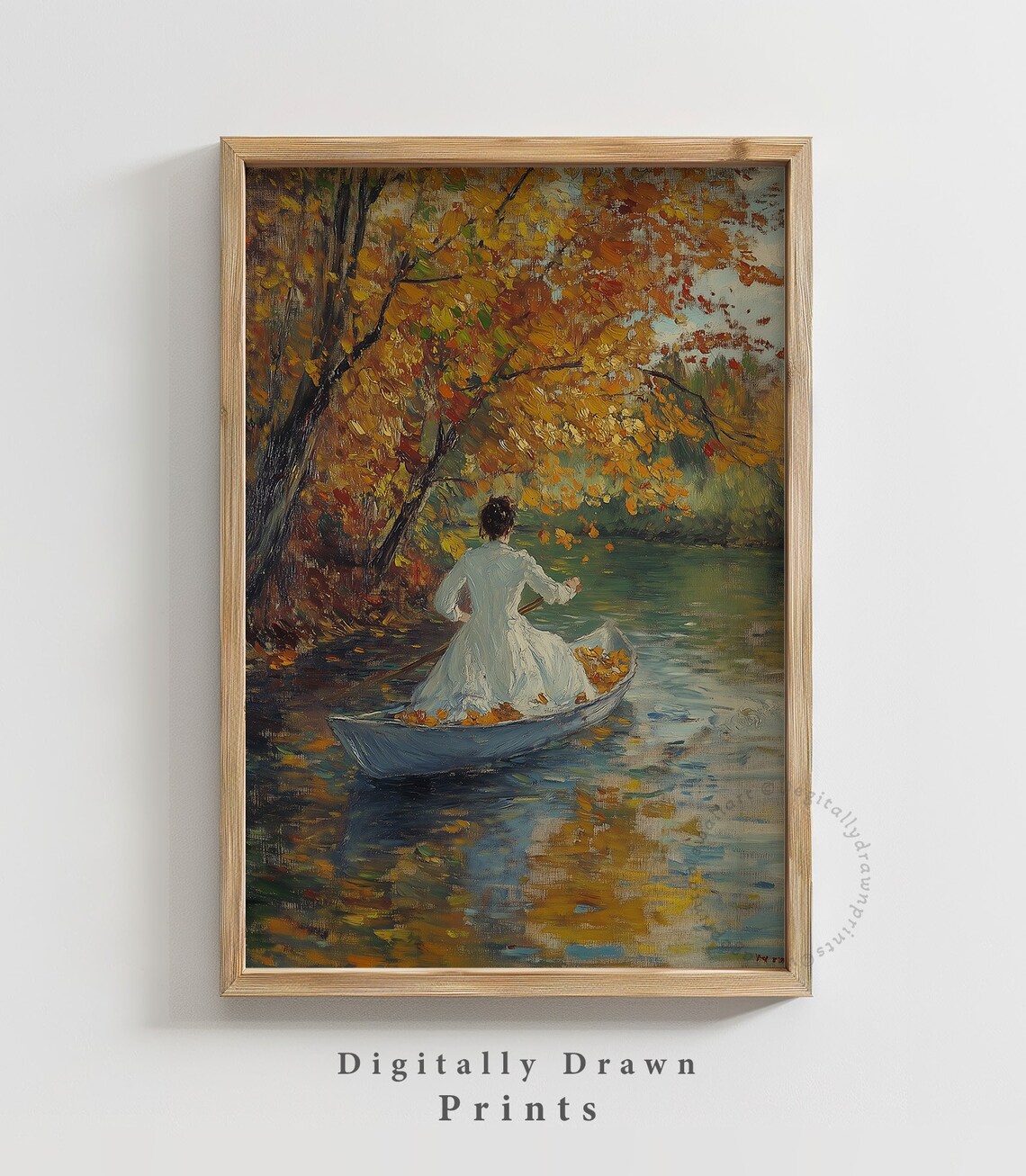 Vintage Autumn Woman in Boat Landscape Art Print
