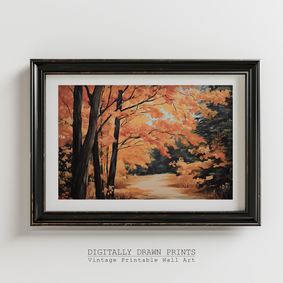 Golden Autumn Forest Path Orange Canopy Tall Dark Trunks Poster - Image 5