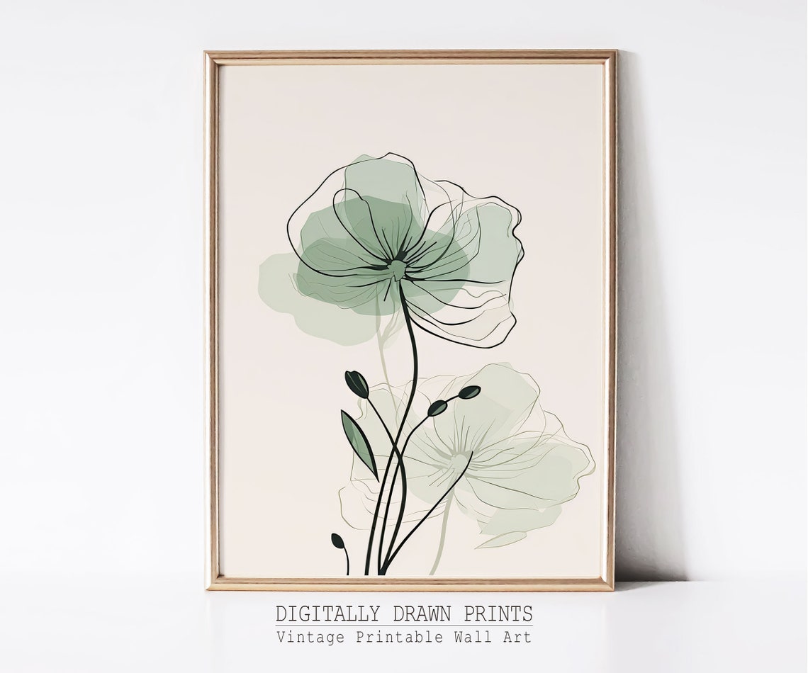 Sage Green Poppy Bloom Delicate Line Art Boho Botanical Wall Poster - Image 3