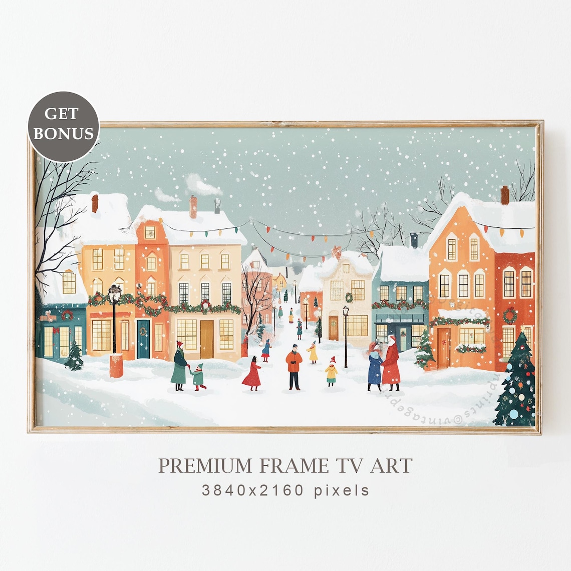 Pastel Snowy Village Street Christmas Holiday Illustration Poster