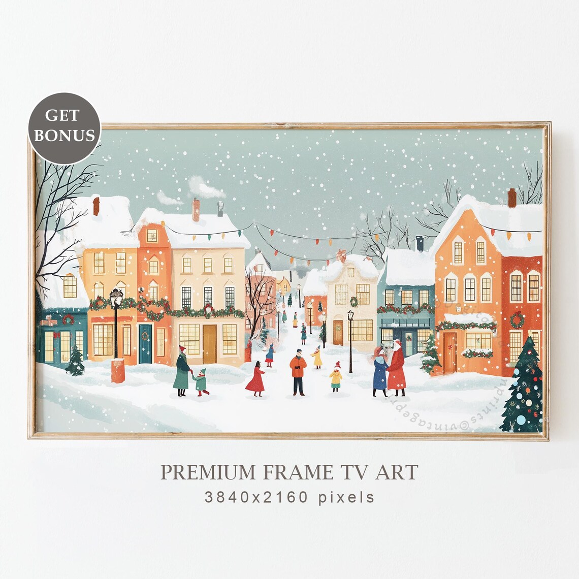 Snowy Village Frame Tv Art Cozy Neutral Christmas Landscape Tv Art Pink Christmas Farmhouse Decor Winter Holiday Art