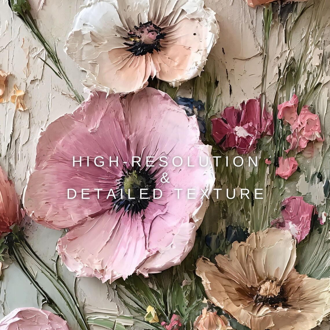 Blush Pink Poppies 3D Impasto Floral Abstract Oil Painting Wall Art Print - Image 2