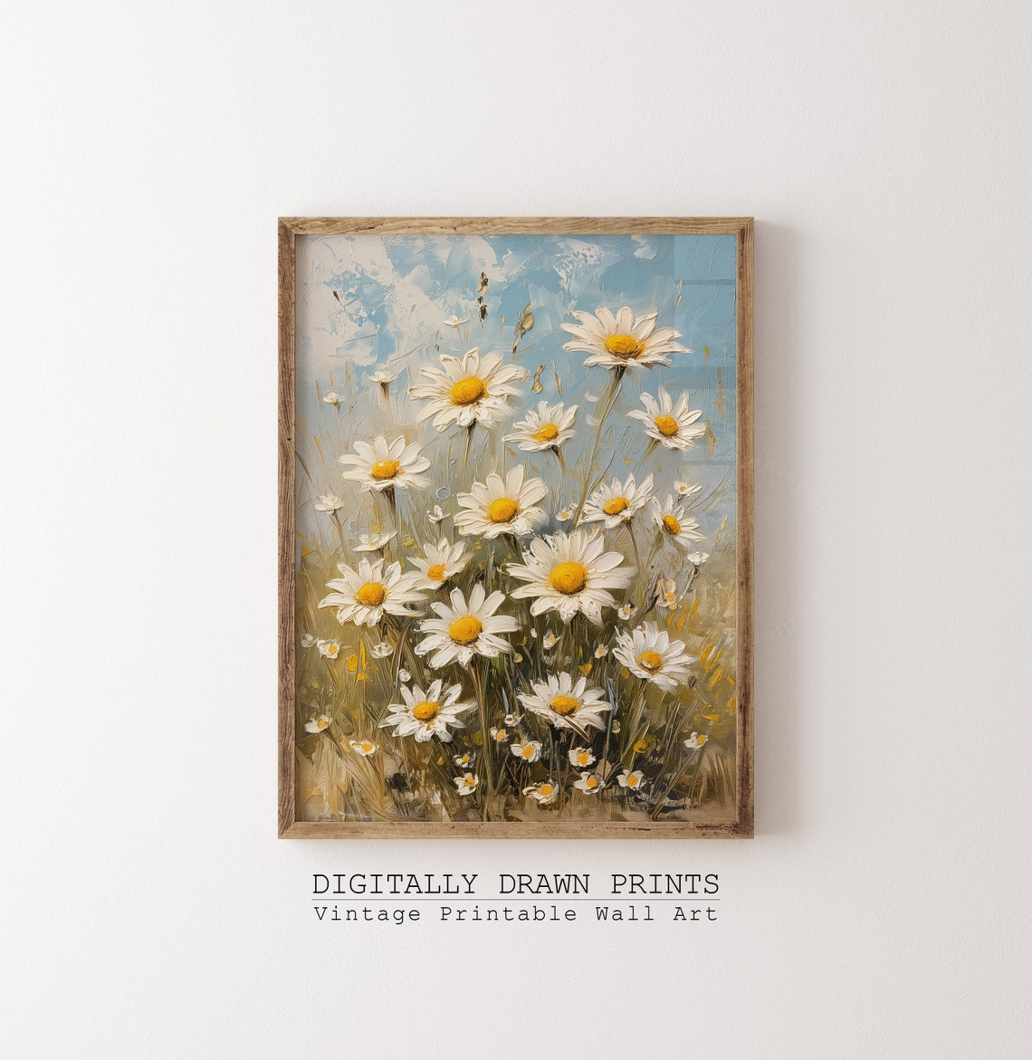 White Daisies Soft Blue Sky Vintage Floral Still Life Oil Print - Image 3