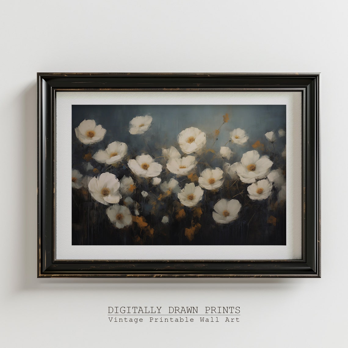 Moody White Cosmos Flowers on Dark Blue Rustic Botanical Print - Image 4