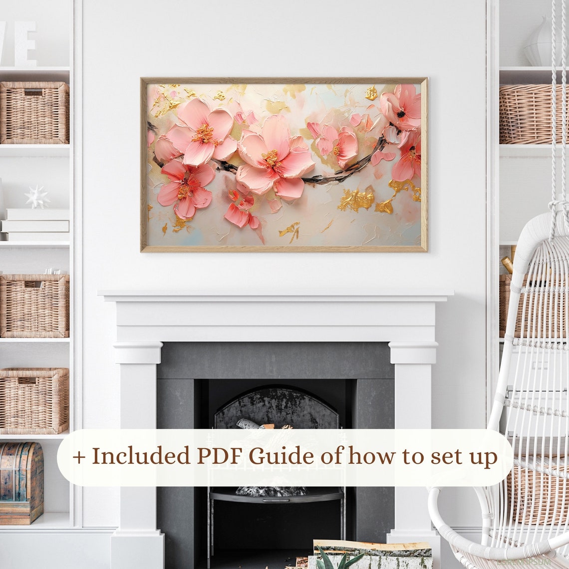 Pink Cherry Blossom Branch 3D Impasto Spring Floral Frame TV Art Print - Image 2
