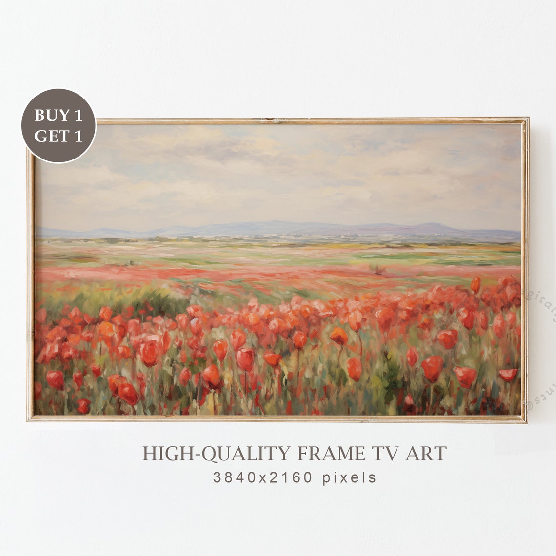 Endless Red Tulip Field Hazy Mountain Horizon Moody Art Print