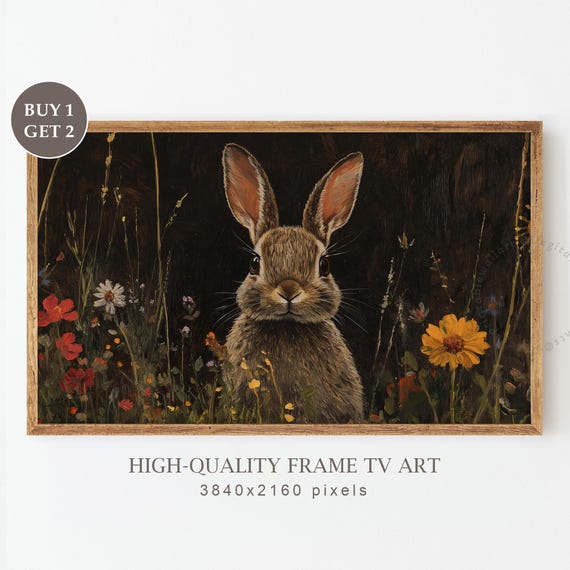 Dark Easter Frame Tv Art Moody Bunny Painting Antique Spring Decor Floral Rabbit Vintage