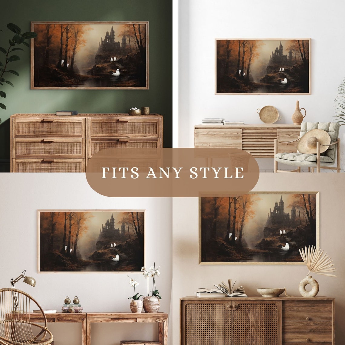 Haunted Castle With Ghosts In Autumn Forest Muted Halloween Art Print - Image 2