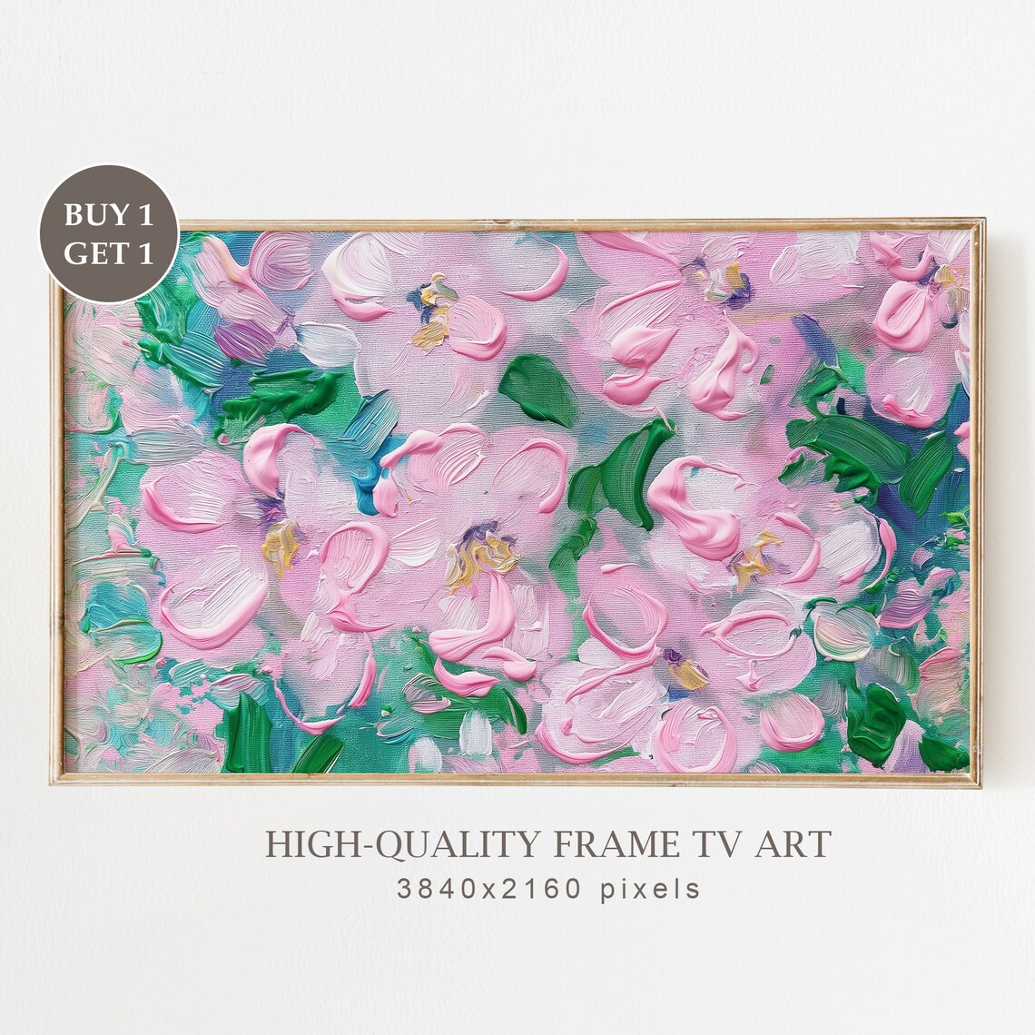 Pink Abstract Blossoms Teal Leaves Pastel Impasto Floral Oil Painting Poster
