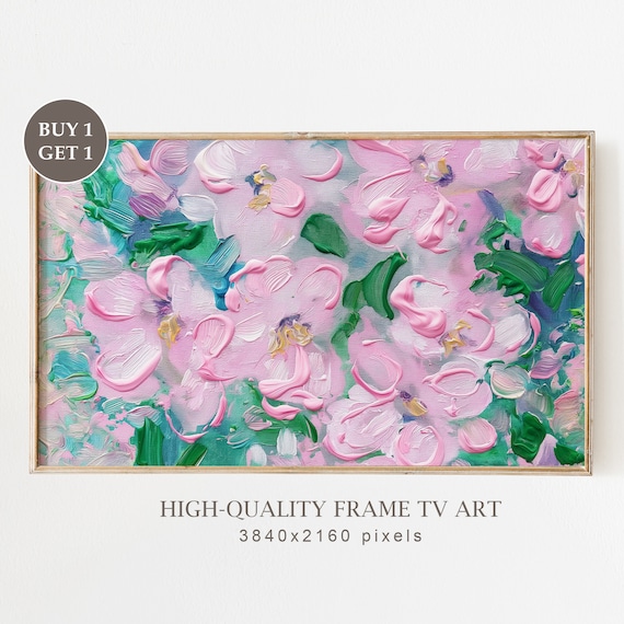 Pink Abstract Blossoms Teal Leaves Pastel Impasto Floral Oil Painting Poster