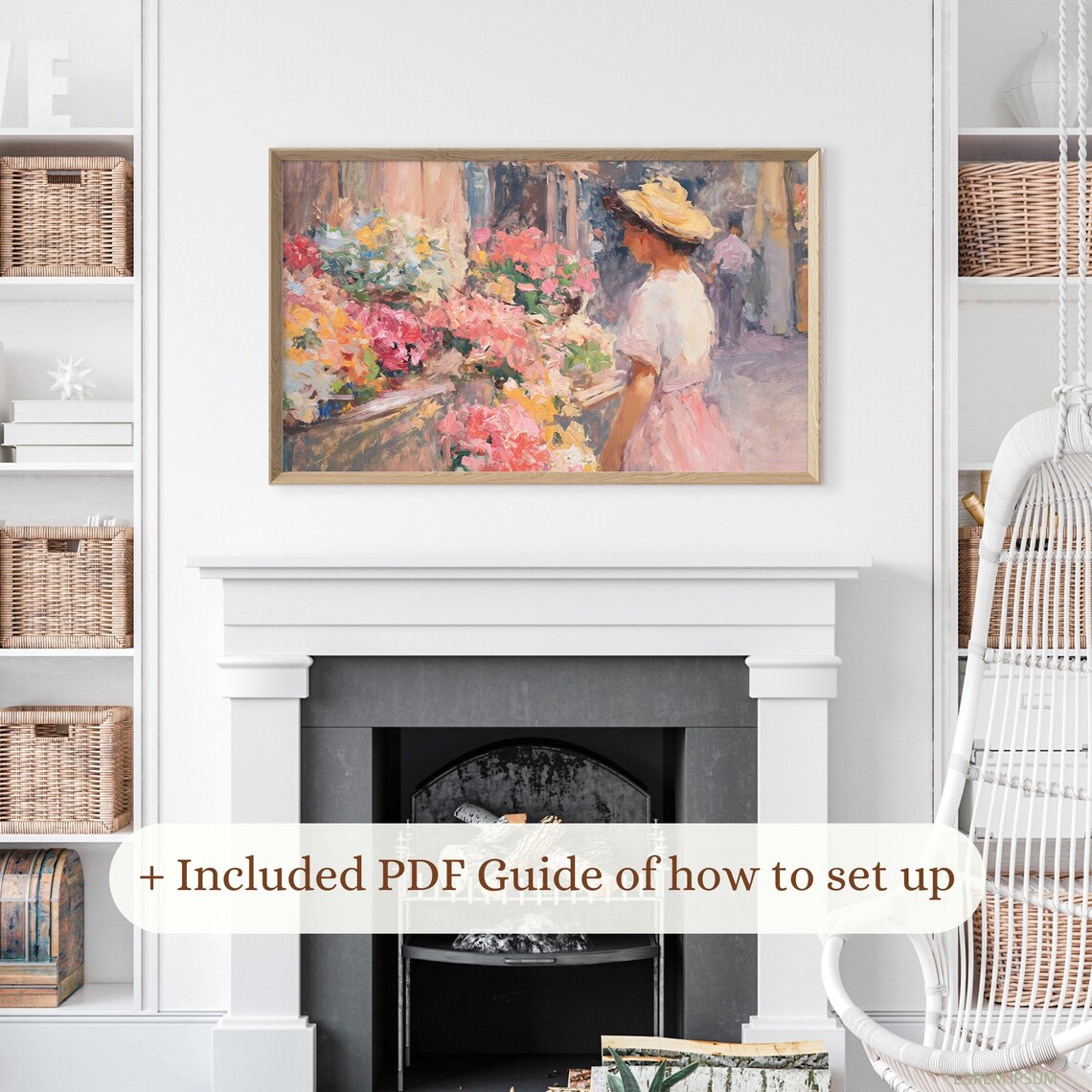 Impressionist Flower Market Woman In Straw Hat Pink Dress Art Print - Image 4