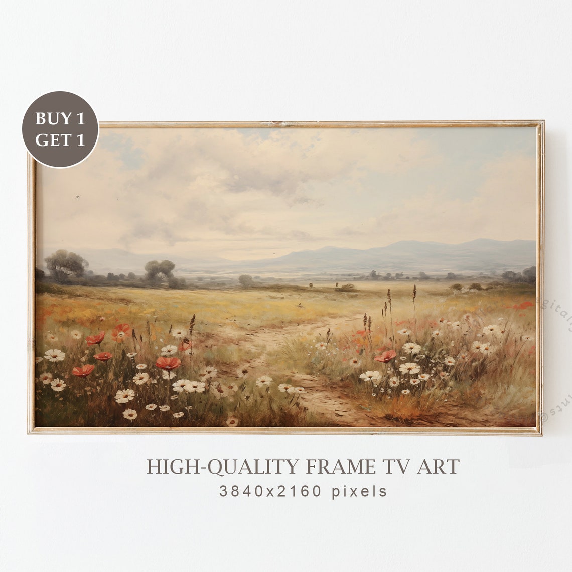 Misty Wildflower Meadow Path Distant Mountains Vintage TV Art Poster