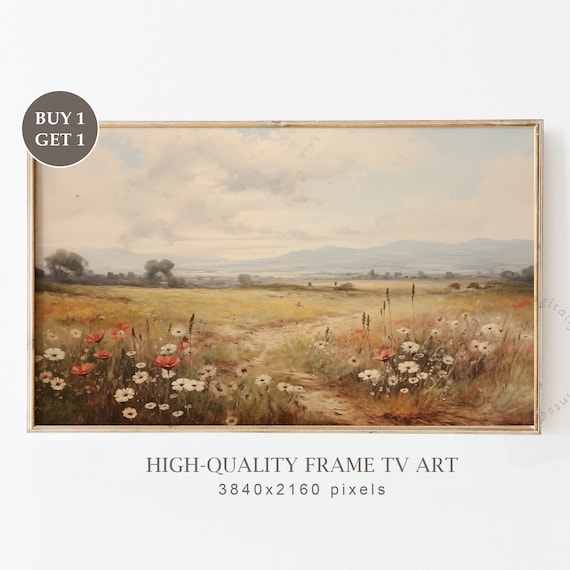 Misty Wildflower Meadow Path Distant Mountains Vintage TV Art Poster