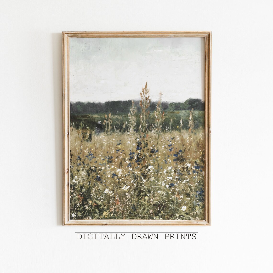 Spring Wildflower Field Landscape Painting, Vintage Farmhouse
