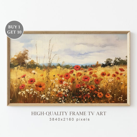 Fall Wildflower Field Red Orange Daisies Golden Meadow Vintage Print