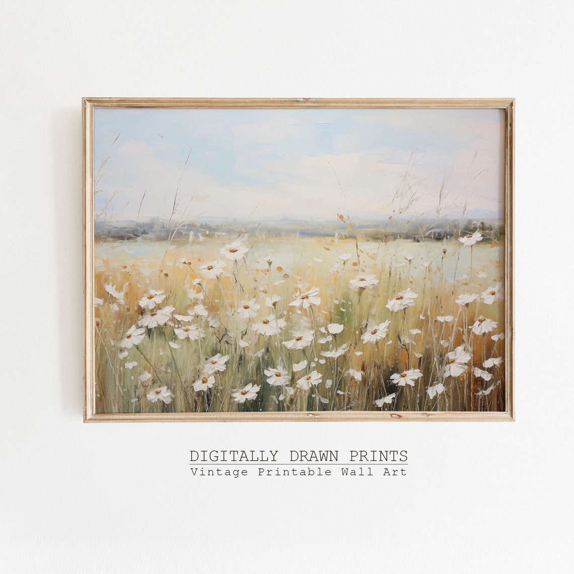 White Daisy Field Tall Golden Grass Pastel Sky Landscape Print