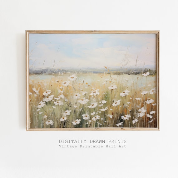 White Daisy Field Tall Golden Grass Pastel Sky Landscape Print
