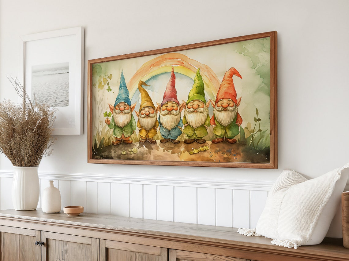 Five Cute Watercolor Gnomes Rainbow Hats St Patricks Day TV Poster - Image 3