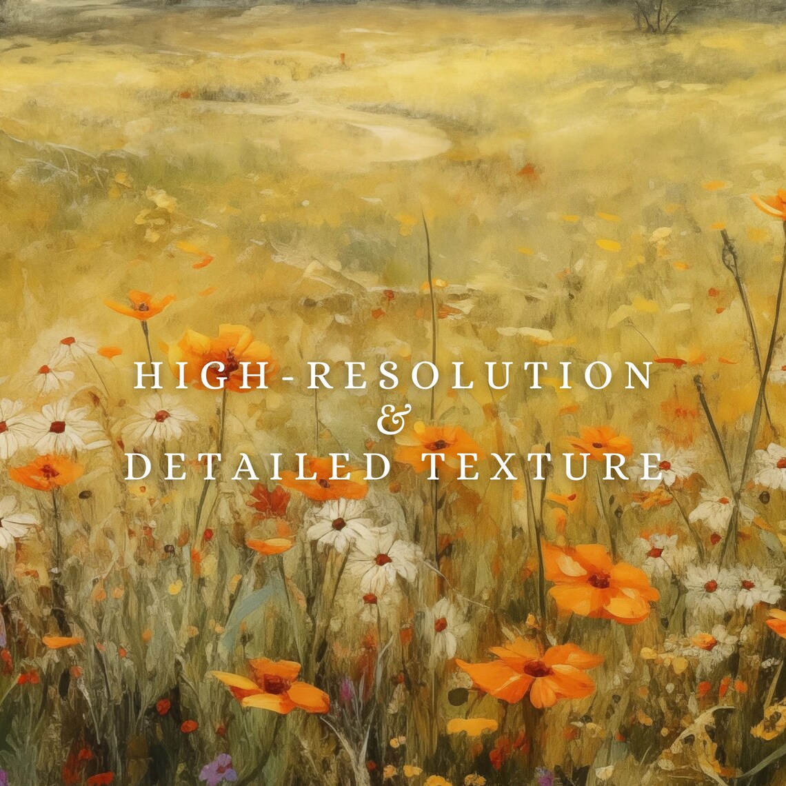 Golden Meadow Orange Poppies White Daisies Distant Hills Oil Print - Image 2
