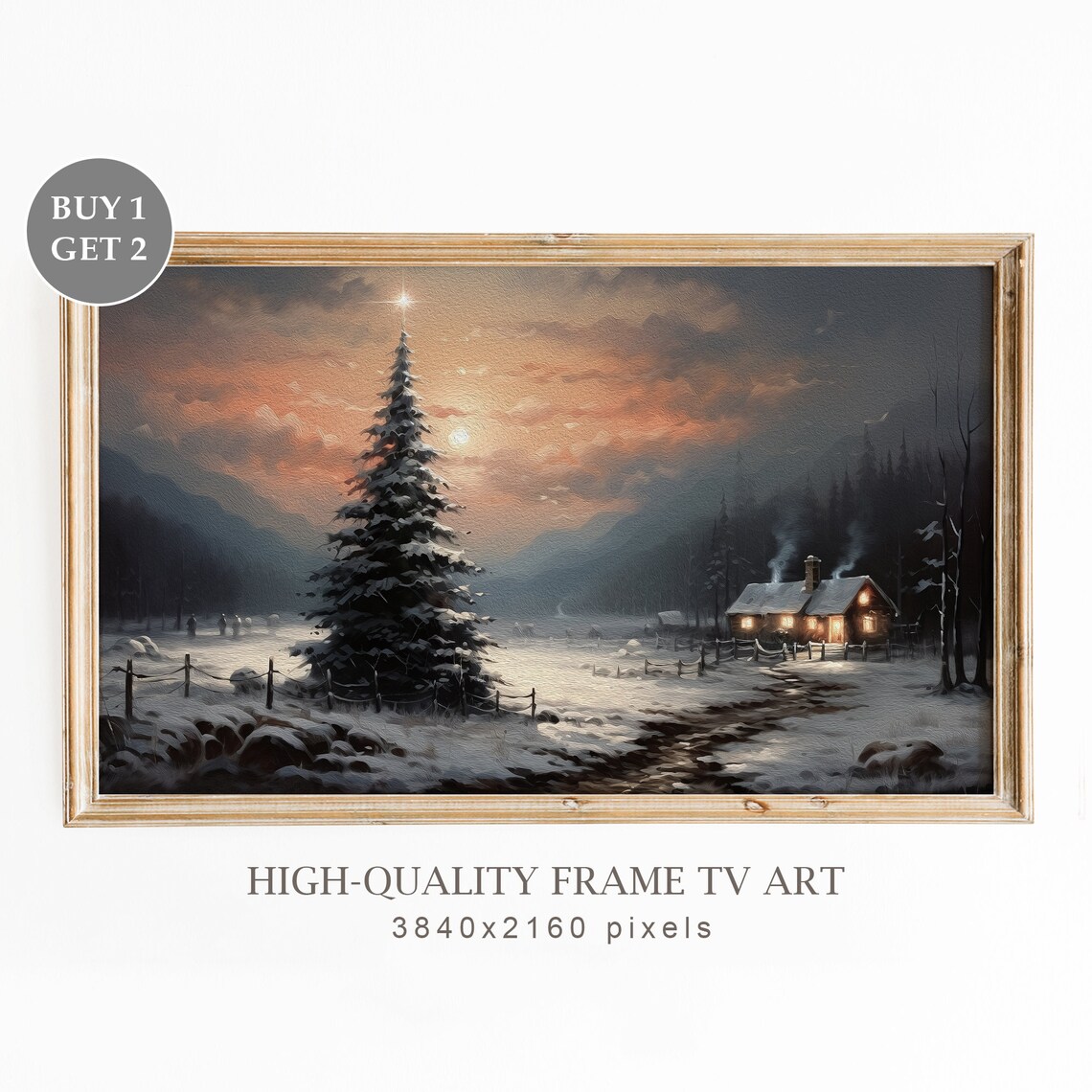 Snowy Winter Cabin at Sunset Tall Pine Moody Christmas Scene Poster
