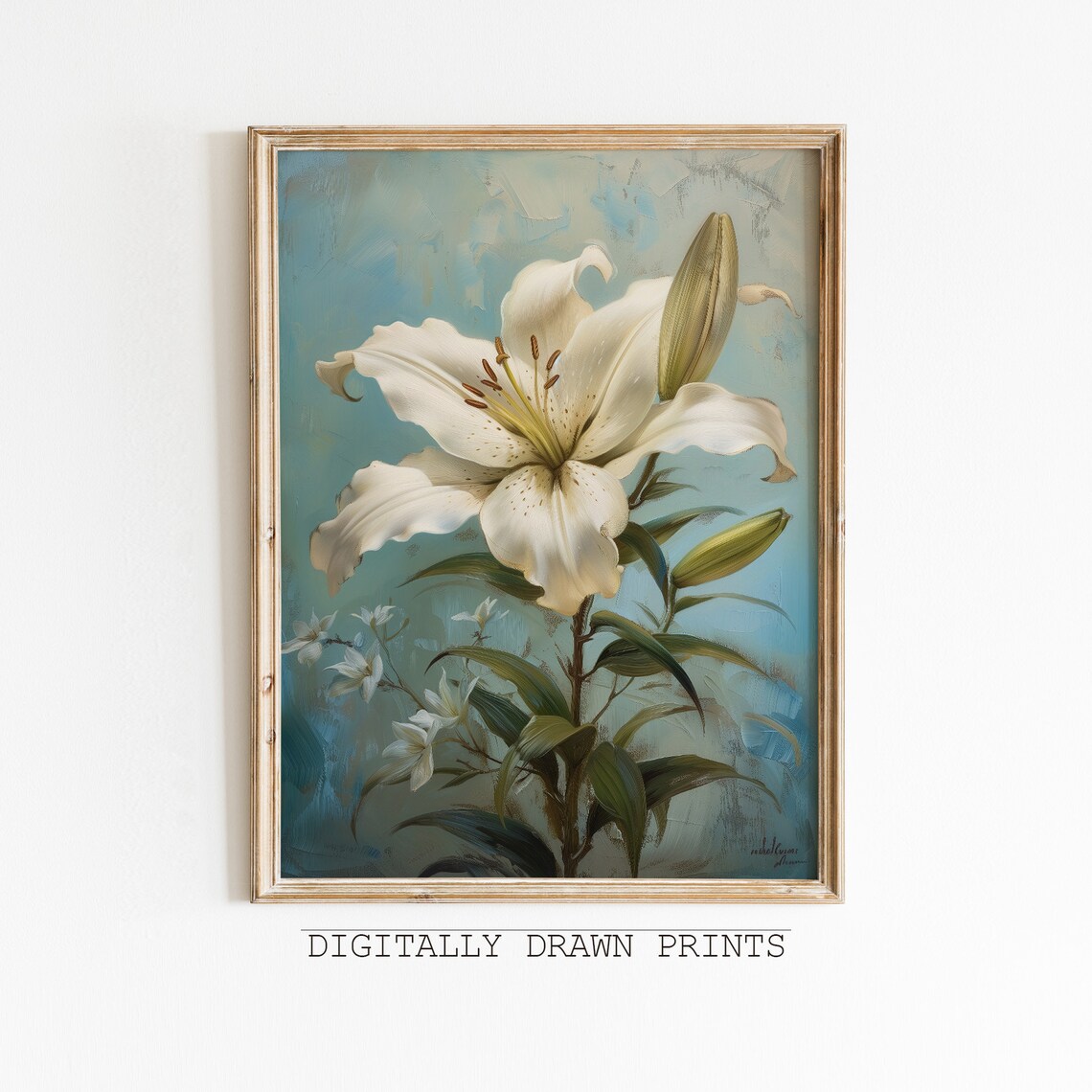 White Lily Antique Oil Painting, Vintage Meadow Print