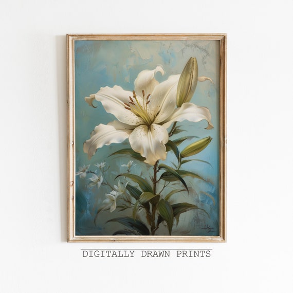 White Lily Antique Oil Painting, Vintage Meadow Print