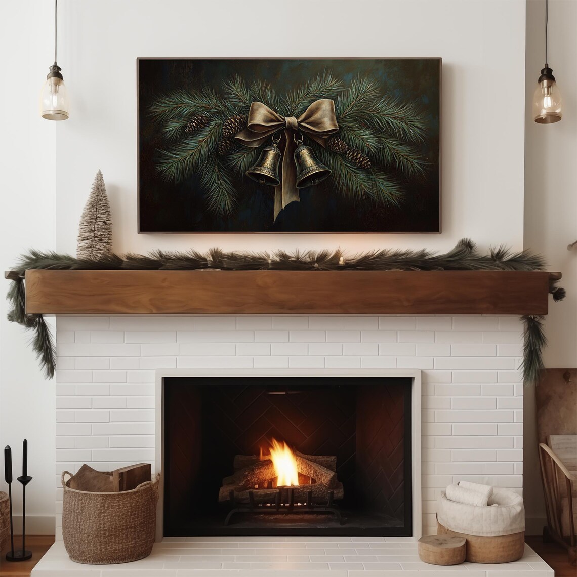 Dark Moody Christmas Bells Gold Bow Pine Branch Vintage Poster - Image 3