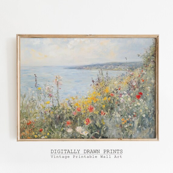 Coastal Wildflowers By The Ocean Impressionist Summer Seascape Poster