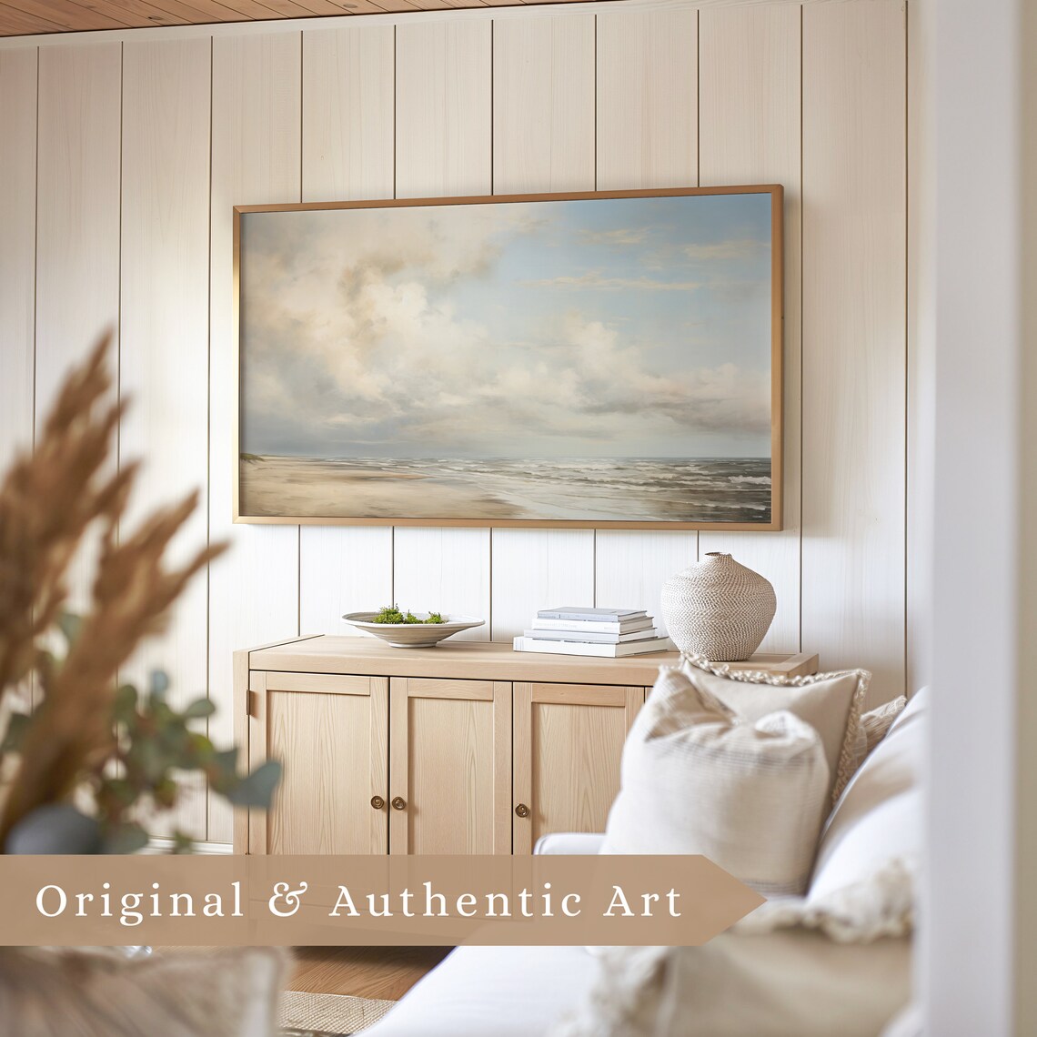 Cloudy Sky Calm Beach Muted Neutral Vintage Coastal Seascape Art Poster - Image 4