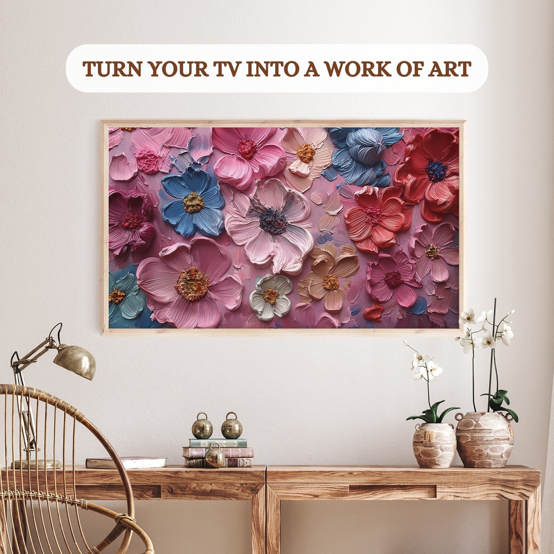 Bold Pink Blue Red Impasto Flowers Textured Frame TV Art Print Modern - Image 3