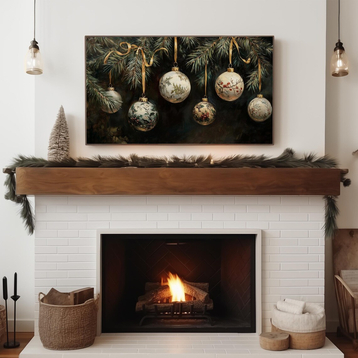 Vintage Hanging Christmas Ornaments Gold Ribbon Dark Festive Poster - Image 3
