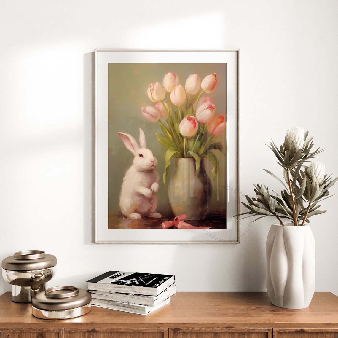 White Bunny Pink Tulips Vase Still Life Vintage Easter Oil Print - Image 3