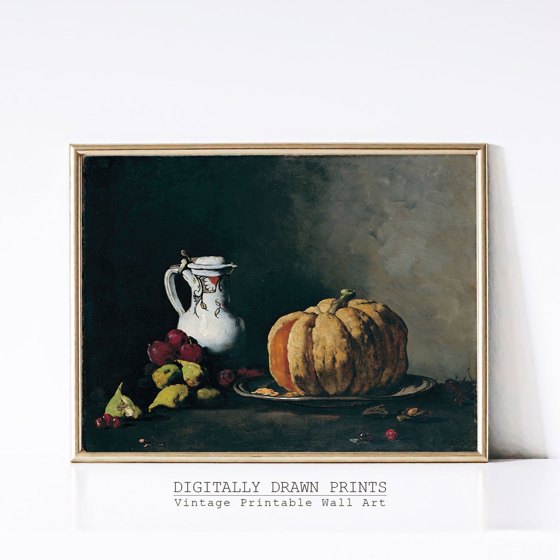 Moody Still Life Pumpkin Pitcher Fruit Dark Vintage Kitchen Art Print - Image 3
