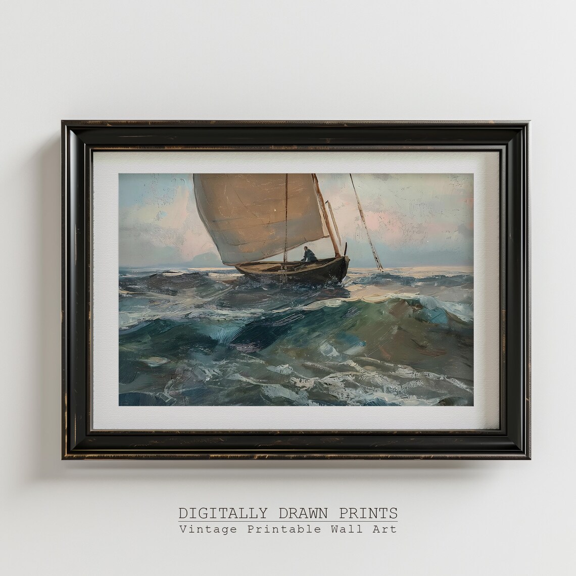 Lone Sailboat Rough Teal Waves Vintage Marine Oil Painting Nautical Poster - Image 5