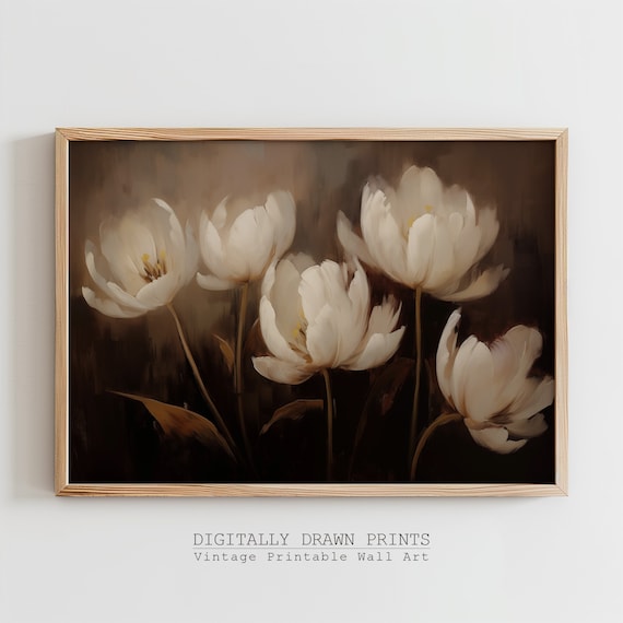 Spring Tulips Wall Art Neutral Flower Print Moody Vintage Floral Oil Painting Moody Botanical Print Farmhouse Decor