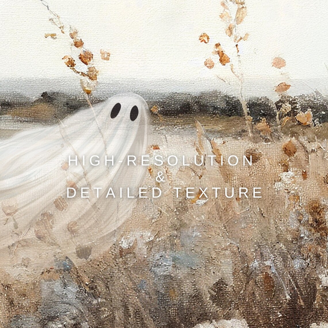 Halloween Wildflower Field Ghost Art, Vintage Fall Landscape - Image 3