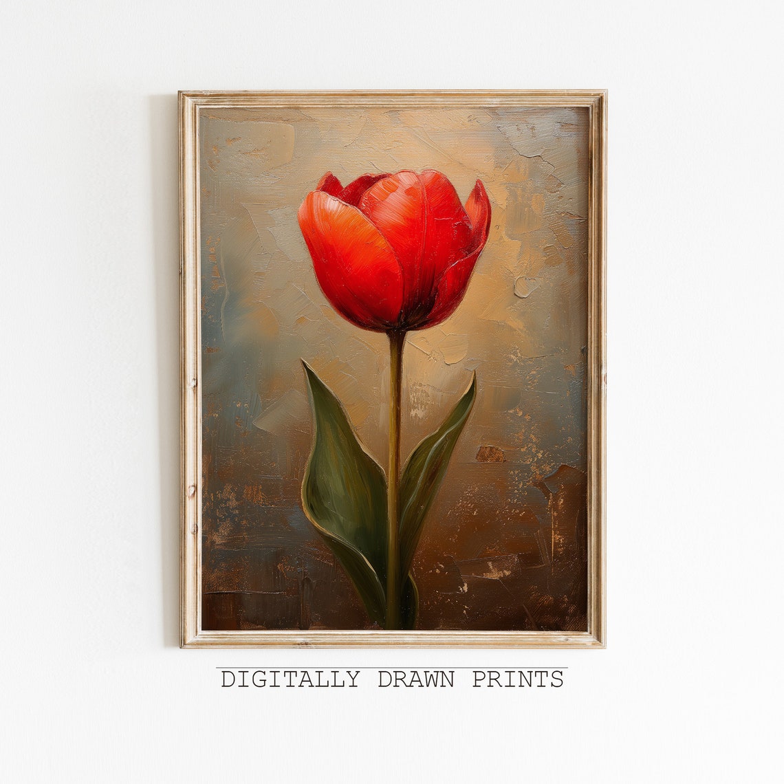 Vintage Tulip Wall Art Red Tulip Antique Oil Painting Neutral Farmhouse Decor Muted Tone Print Country Oil Painting