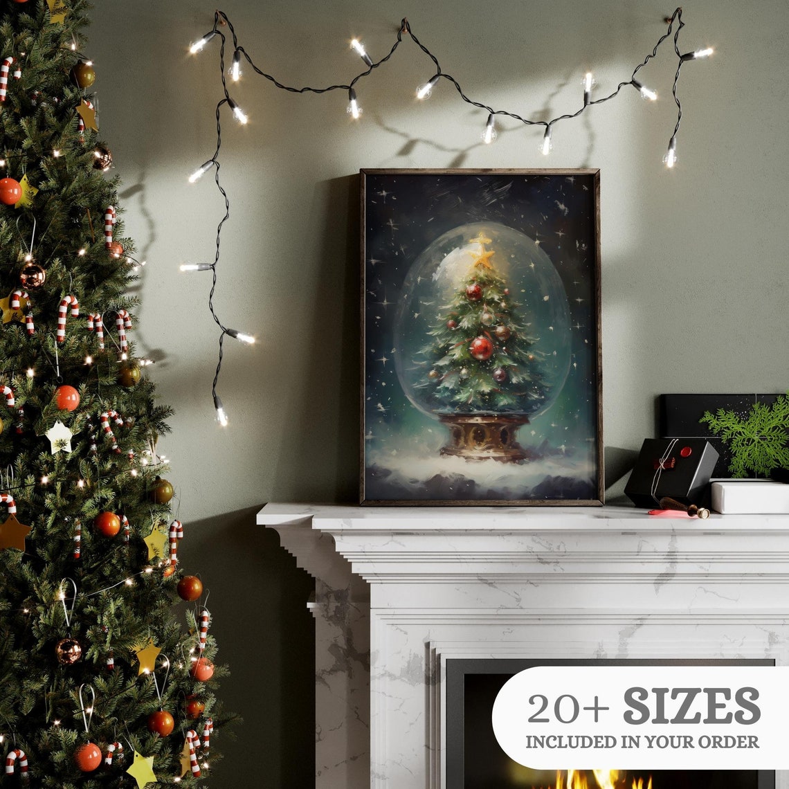 Christmas Tree Snow Globe Vintage Oil Painting Holiday Poster - Image 2