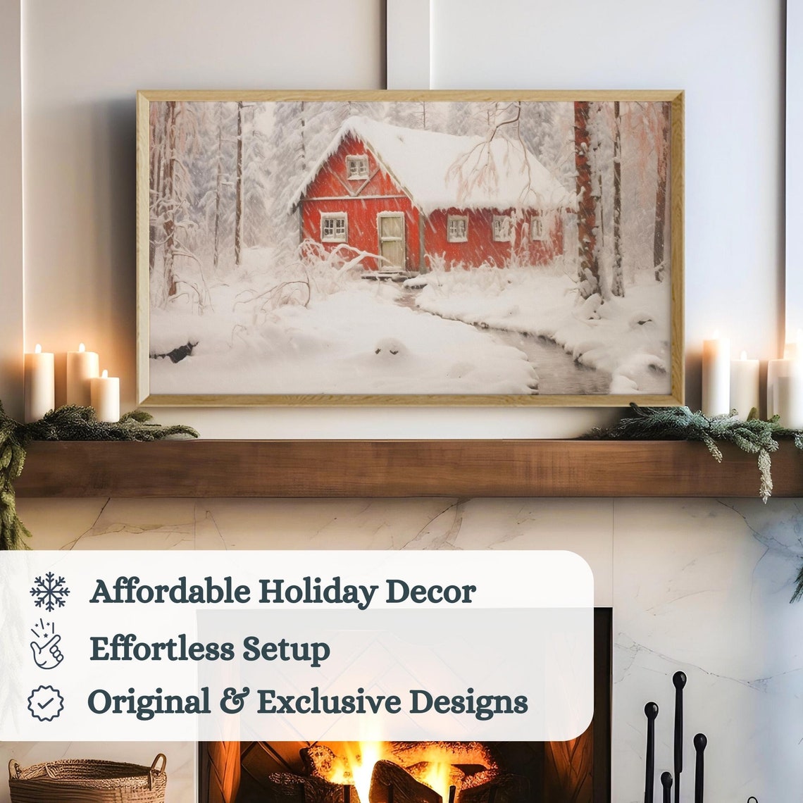 Red Cottage In Deep Snow Winter Forest Cozy Cabin Snowfall Scene Print - Image 3