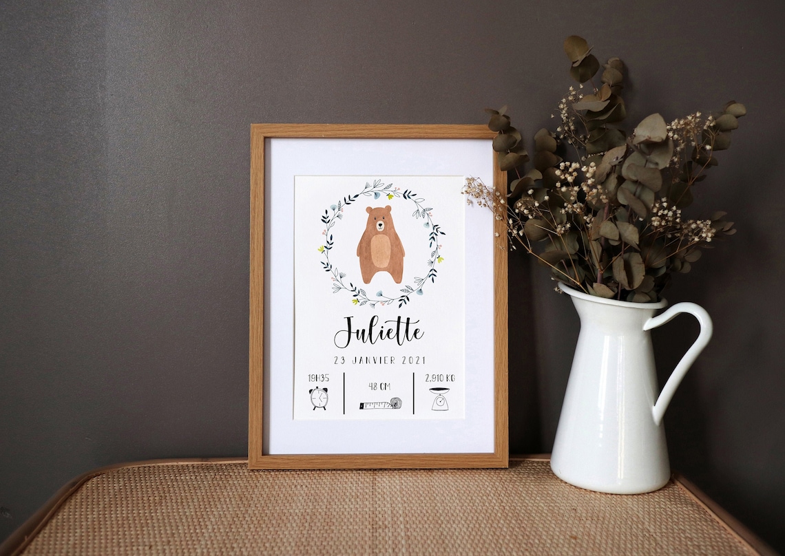 Personalized Birth Poster Bear Watercolor Art Print