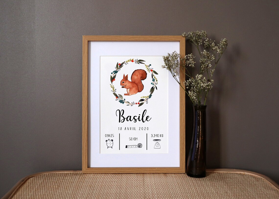 Personalized Squirrel Watercolor Birth Poster, Gift