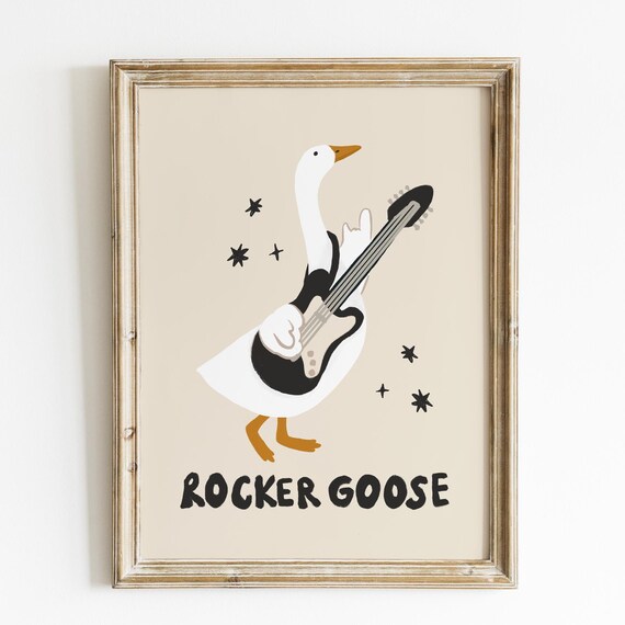 Rocker Goose Playing Electric Guitar Hand Drawn Music Animal Poster