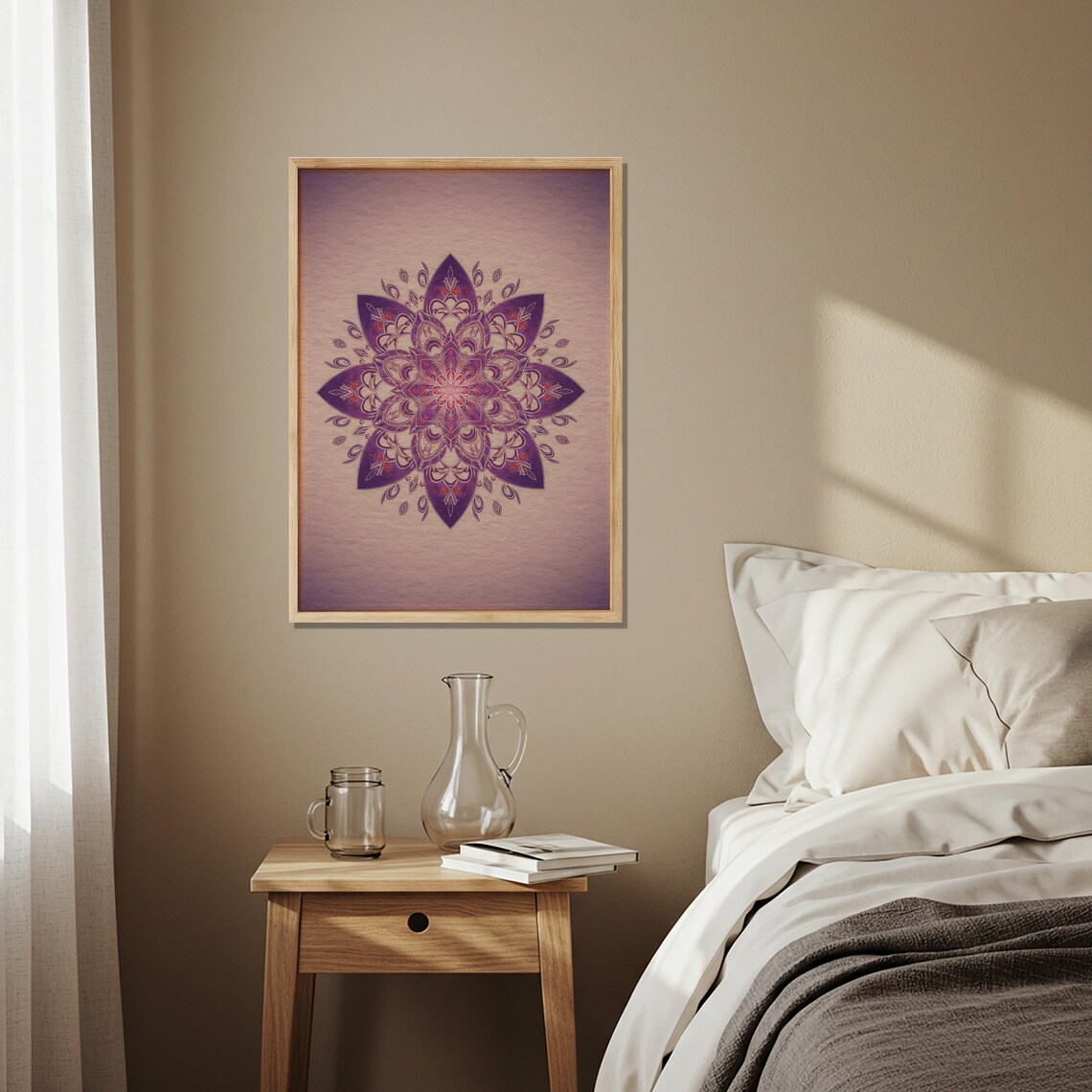 Purple Mandala Wooden Poster Bohemian Wall Art With Spiritual Geometric Design Print On Wood For Yoga Room Meditation Space