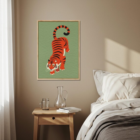 Tiger Wall Art Wooden Decor Framed Wood Print Jungle Animal Poster Modern Kids Room Artwork Bold Wildlife Home Decoration