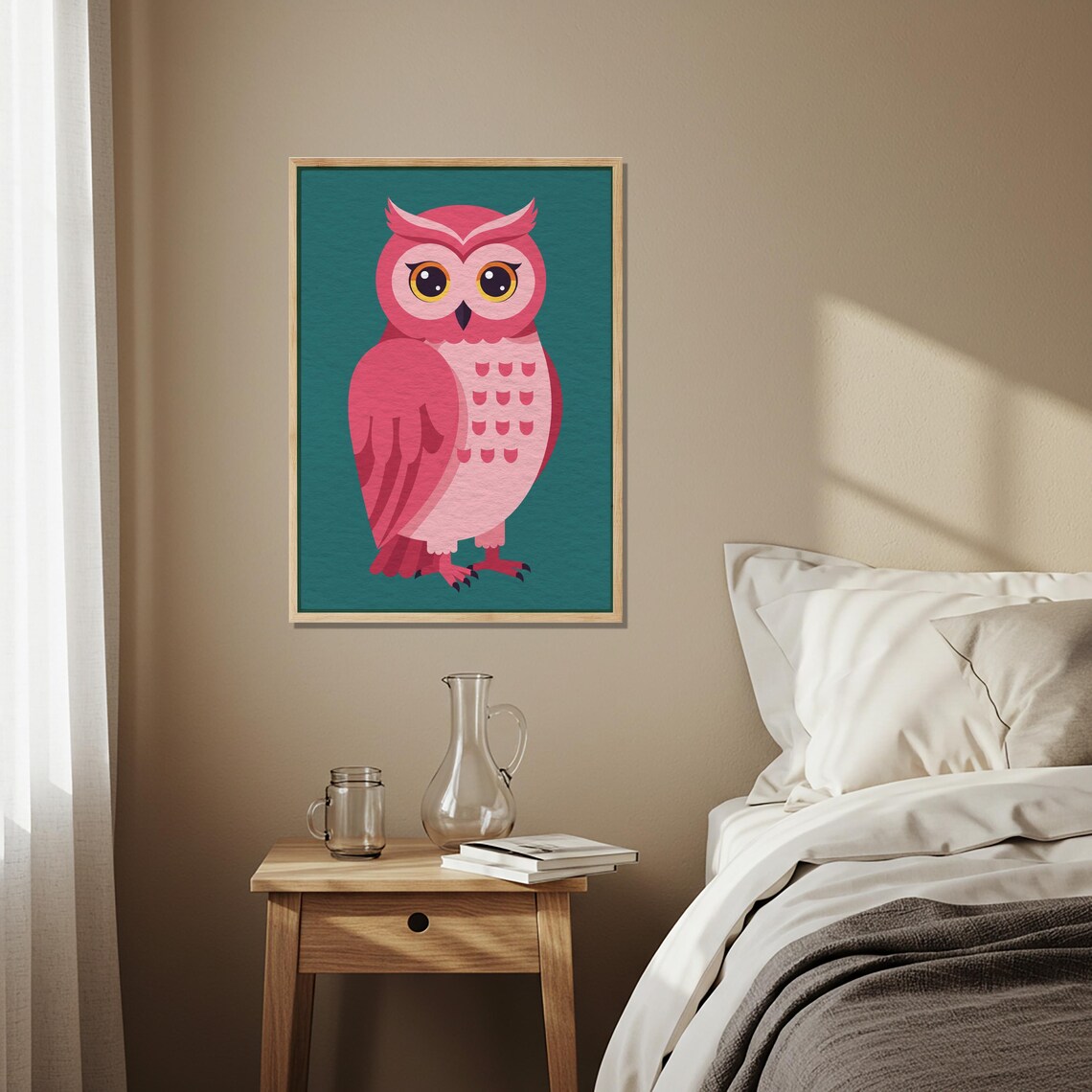 Pink Cartoon Owl Print Teal Background Cute Kids Room Nursery Decor