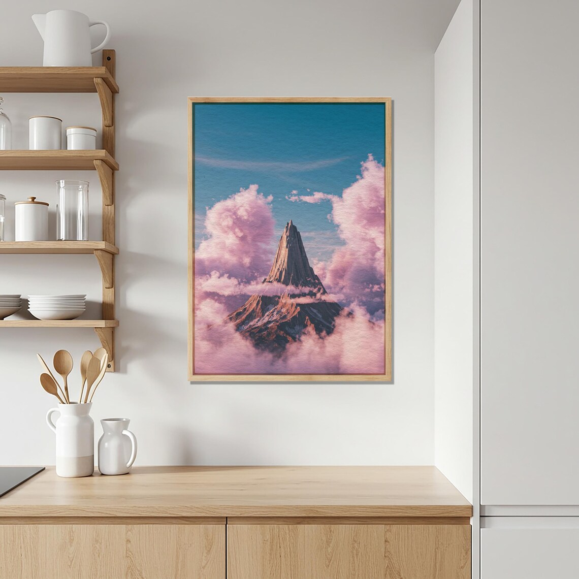 Fantasy Mountain Peak Rising Above Pink Clouds Dreamy Poster